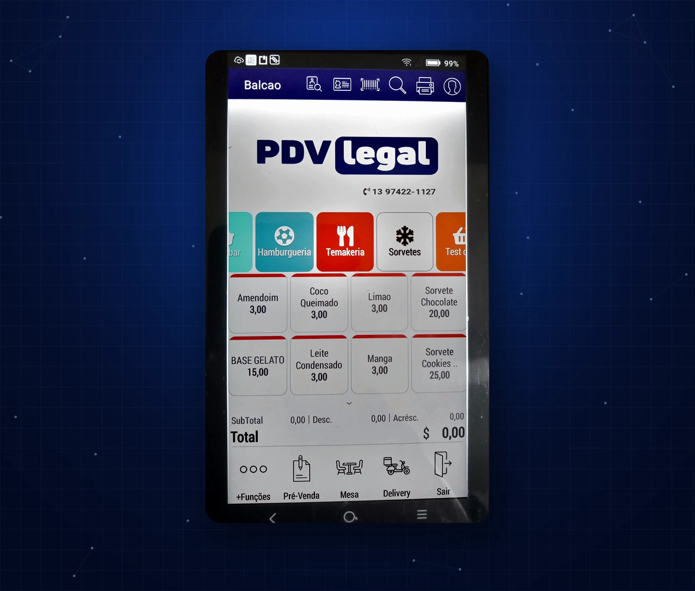 Terminal com a tela Balcão do PDV Legal aberta, mostrando categorias, produtos e o total da venda