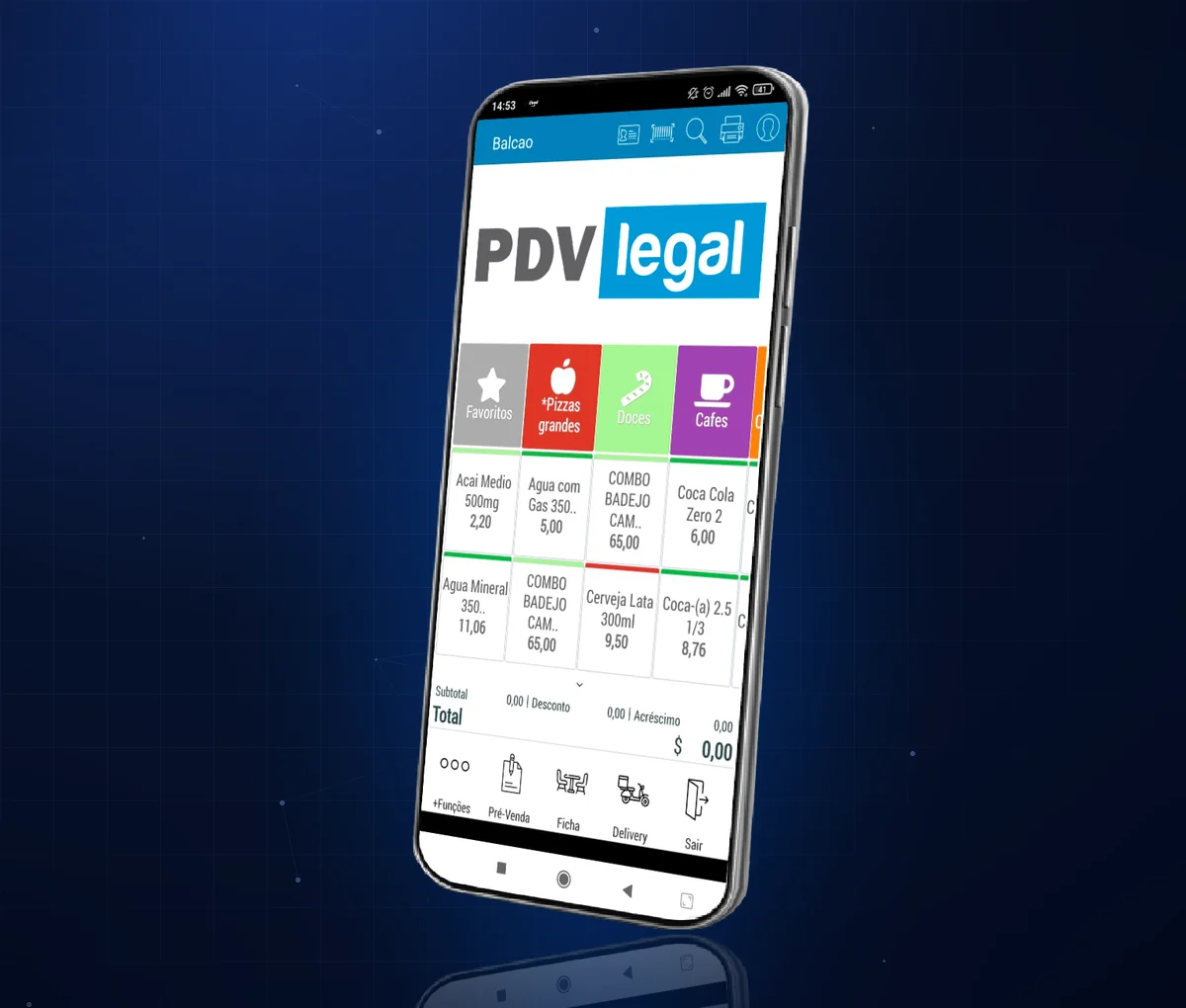 Celular com o PDV Legal aberto na tela de balcão, com atalhos de venda, pré-venda e delivery