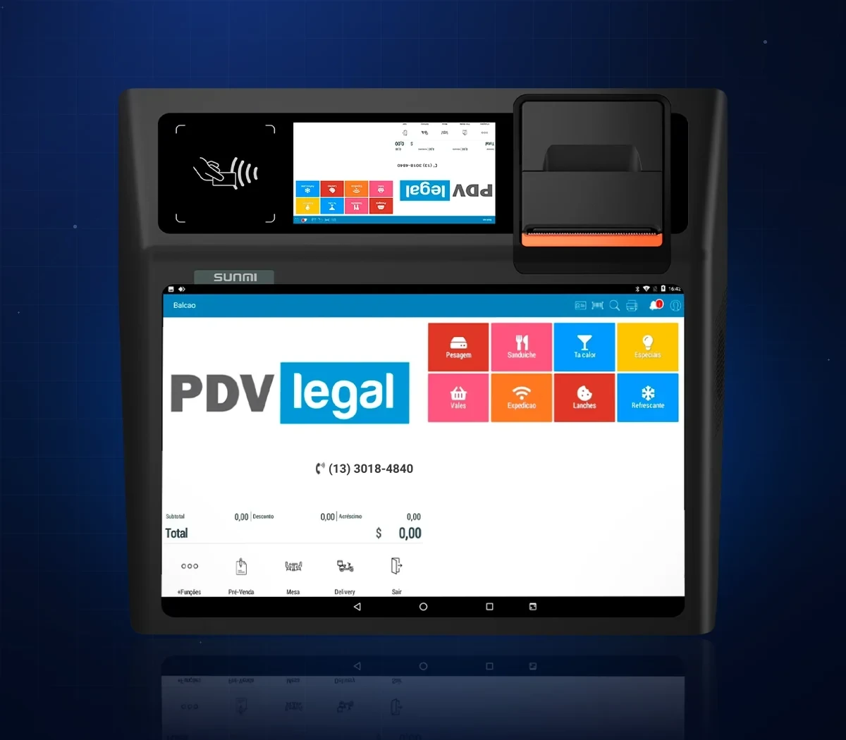 Terminal de frente de caixa Sunmi com o sistema PDV Legal na tela e impressora integrada