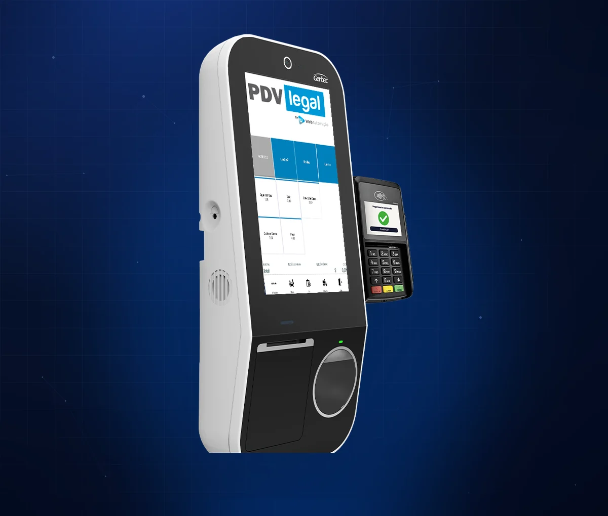 Totem de autoatendimento Gertec com o sistema PDV Legal e pinpad de pagamento acoplado