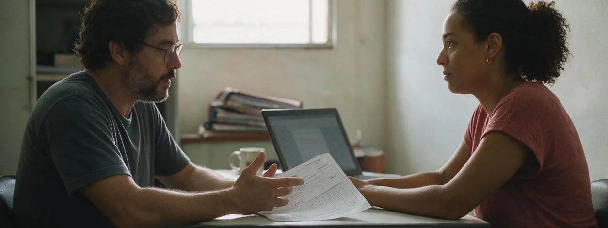 Duas pessoas em atendimento numa mesa de escritório, com ordem de serviço impressa e notebook aberto